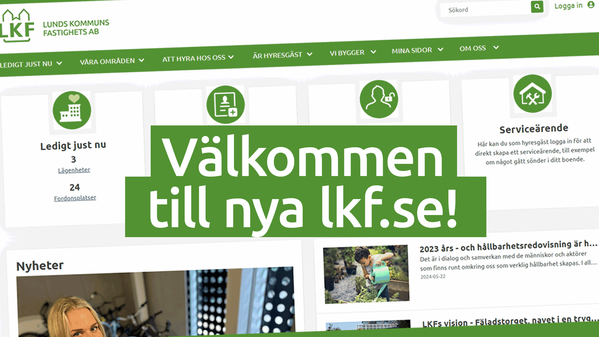 En bild på nya hemsidan med texten "Välkommen till nya lkf.se!"